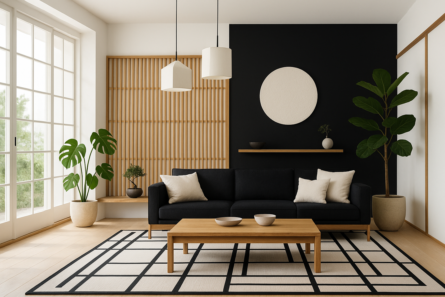 fais moi un salon dans un style californien japonais dans les couleurs noir et blanc pour la deco